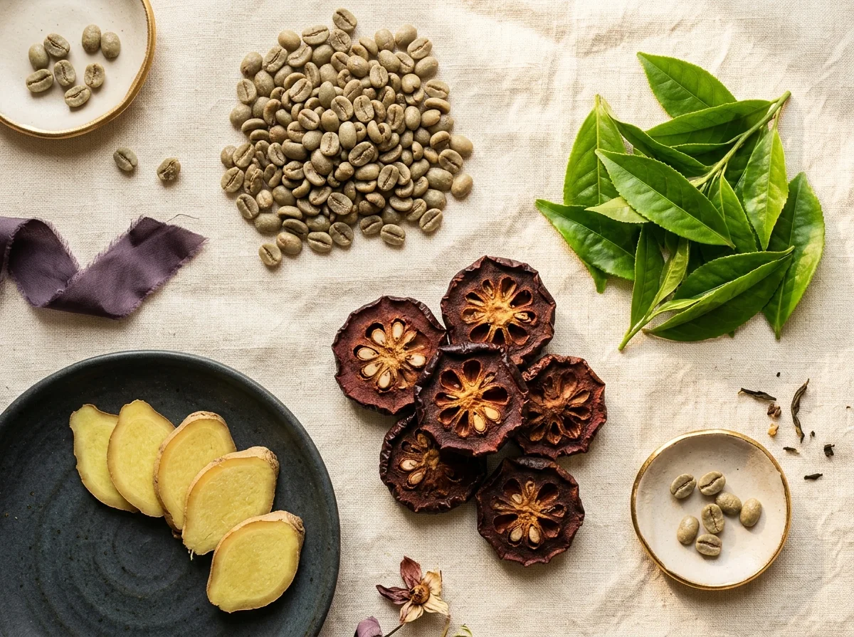 Green coffee beans, garcinia cambogia, green tea leaves and ginger root flat lay