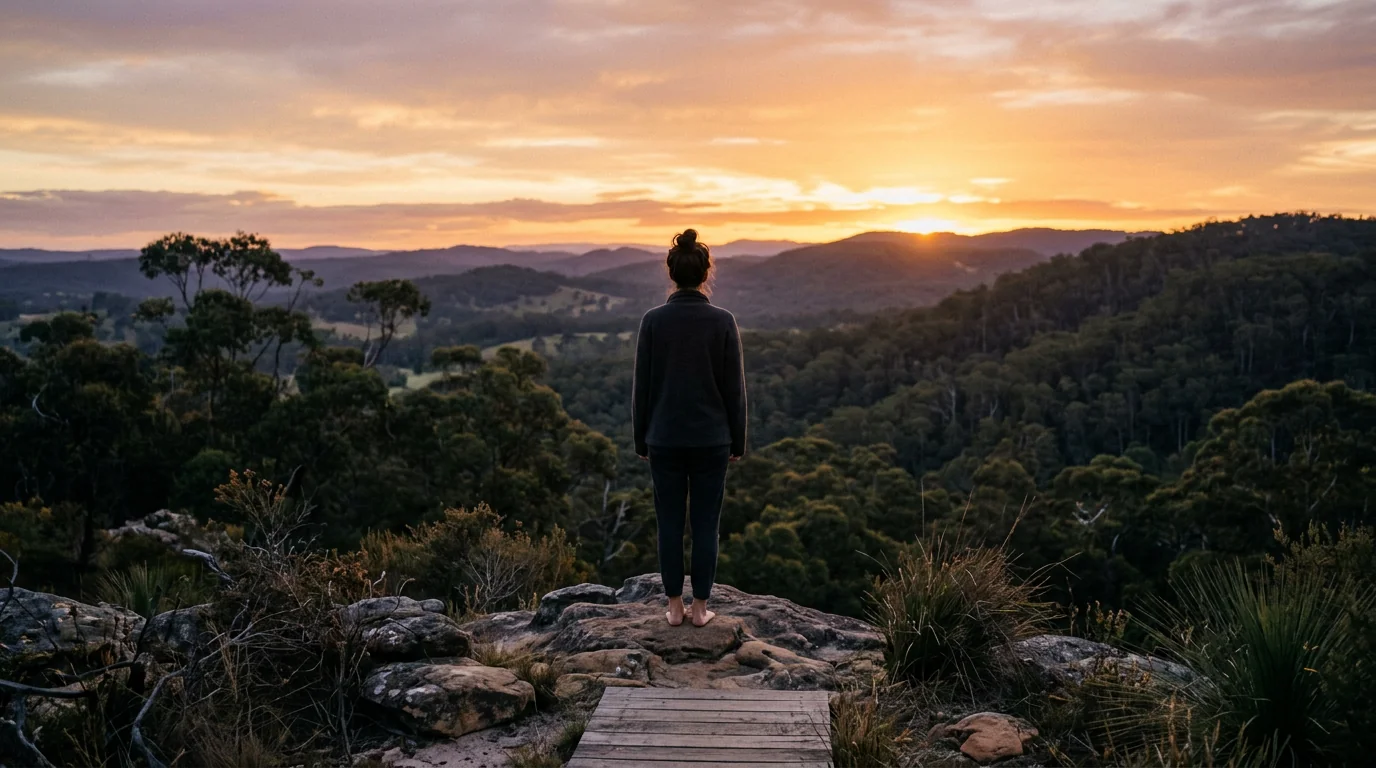 Silhouette of a person from behind looking at Australian bushland sunrise